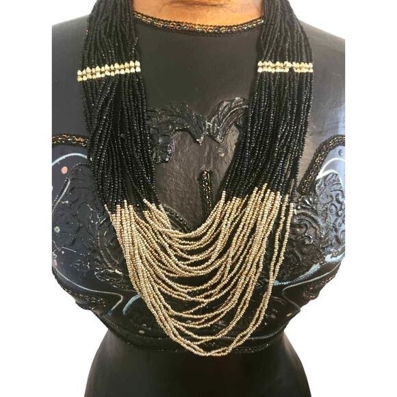 New Colleen Lopez HSN Long Layered Black & Gold Multi-Strand Ethnic Necklace WOW - Picture 4 of 5